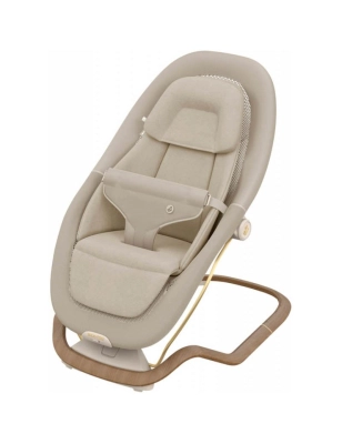 Vista frontal de la Hamaca Dove Pro de Maxi-Cosi en color beige con base efecto madera.
