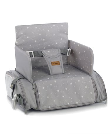 Trona de Viaje Avant de Jané U05 Dim Grey desplegada con arnés de seguridad y detalles de estampado estelar