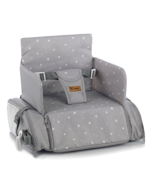 Trona de Viaje Avant de Jané U05 Dim Grey desplegada con arnés de seguridad y detalles de estampado estelar