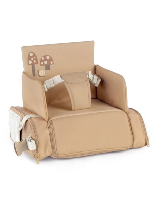 Trona de Viaje Avant de Jané U85 Sesame, desplegada con dibujo de setas y arnés de seguridad acolchado