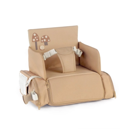 Trona de Viaje Avant de Jané U85 Sesame, desplegada con dibujo de setas y arnés de seguridad acolchado