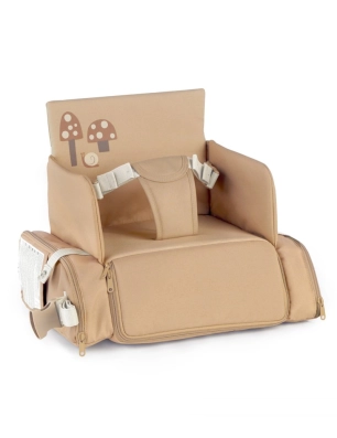 Trona de Viaje Avant de Jané U85 Sesame, desplegada con dibujo de setas y arnés de seguridad acolchado