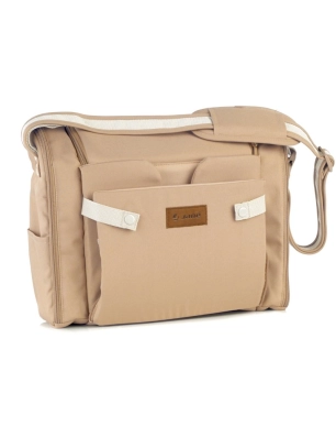 Trona de Viaje Avant de Jané U85 Sesame plegada como bolso, con correa de hombro y bolsillo exterior