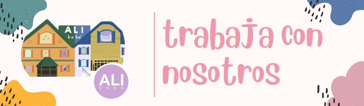 Banner con el texto 'Trabaja con nosotros' junto al logotipo de Ali Bebé y dibujos de casas coloridas en un estilo infantil.